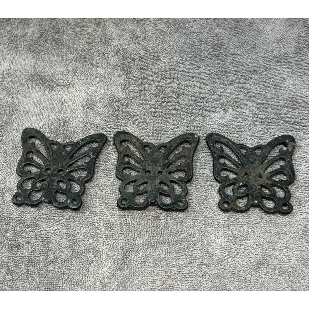 Vtg Cast Iron Butterfly Trivet Set of 3 Rustic Dark Brown Farmhouse Kitchen
